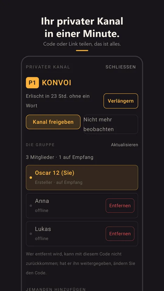 Der private Kanal Konvoi mit seiner Gruppe