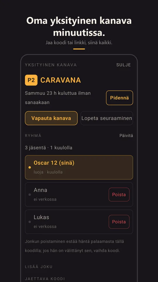 Yksityinen Caravana-kanava ja sen ryhmä