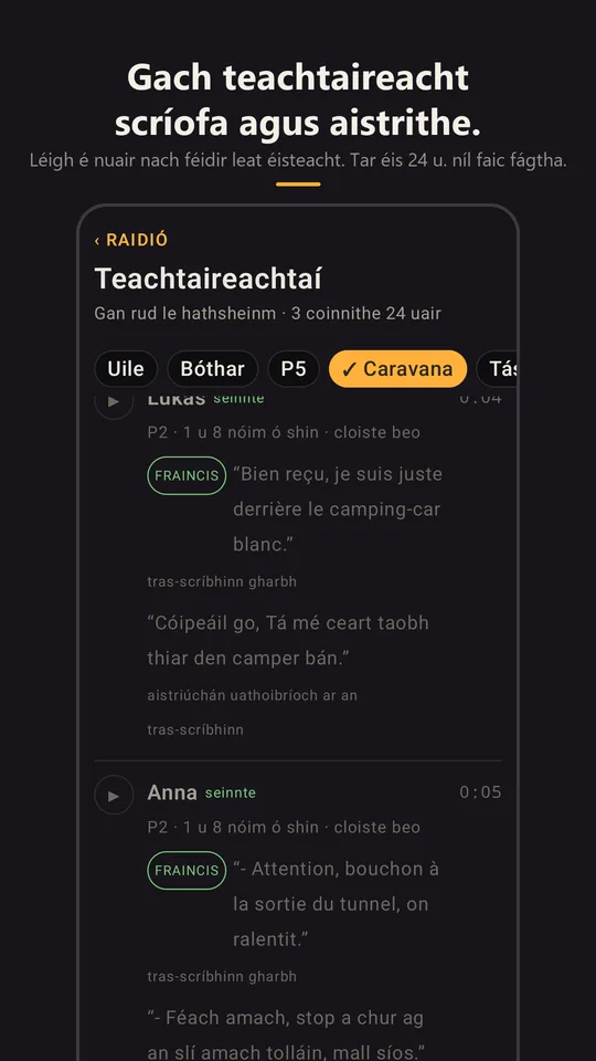Teachtaireachtaí an chonbhua, tras-scríofa agus aistrithe