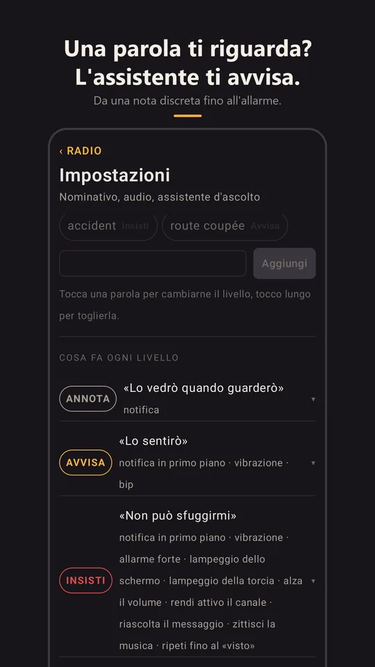 L'assistente a parole chiave nelle impostazioni