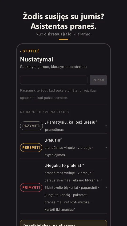 Raktinių žodžių asistentas nustatymuose