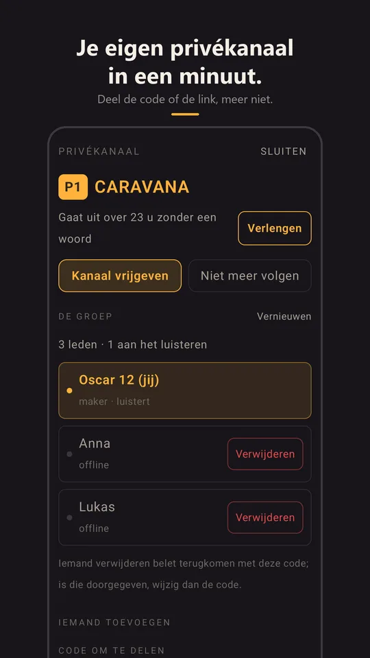 Het privékanaal Caravana met zijn groep