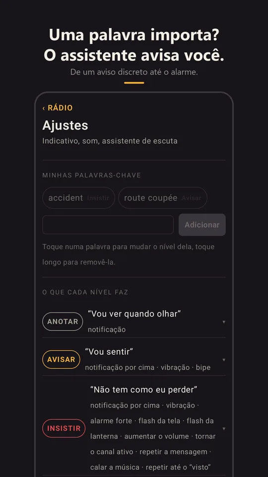 O assistente de palavras-chave nos ajustes
