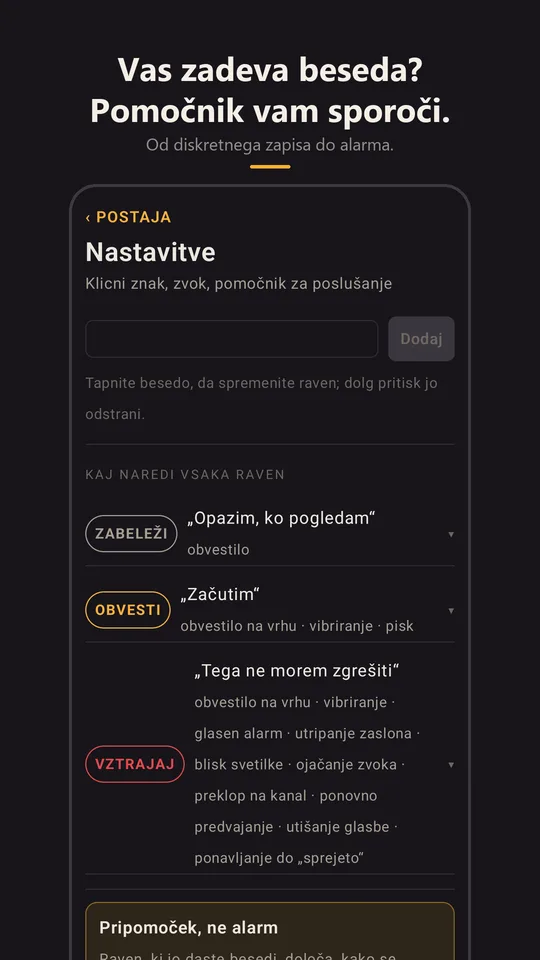 Pomočnik za ključne besede v nastavitvah